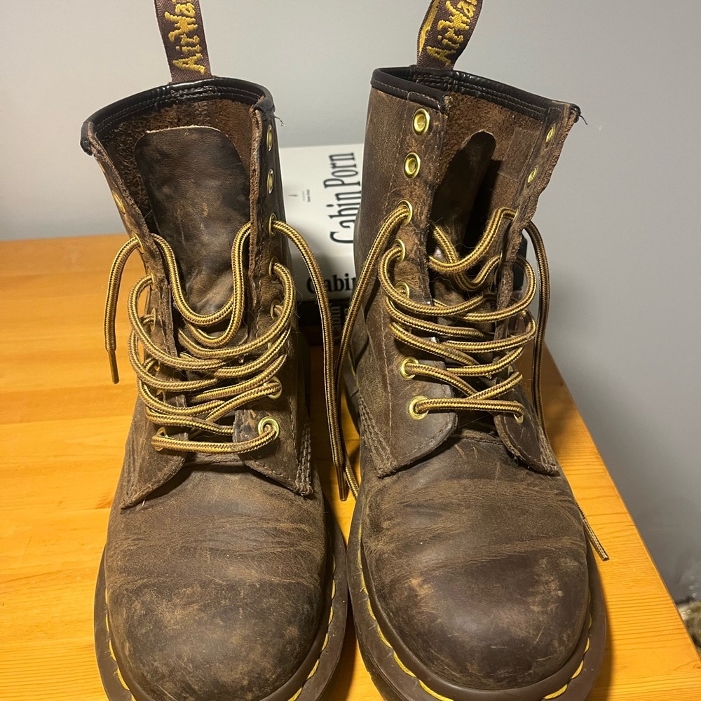 Dr. Martens Brown Leather Combat Boots with Yellow Accents